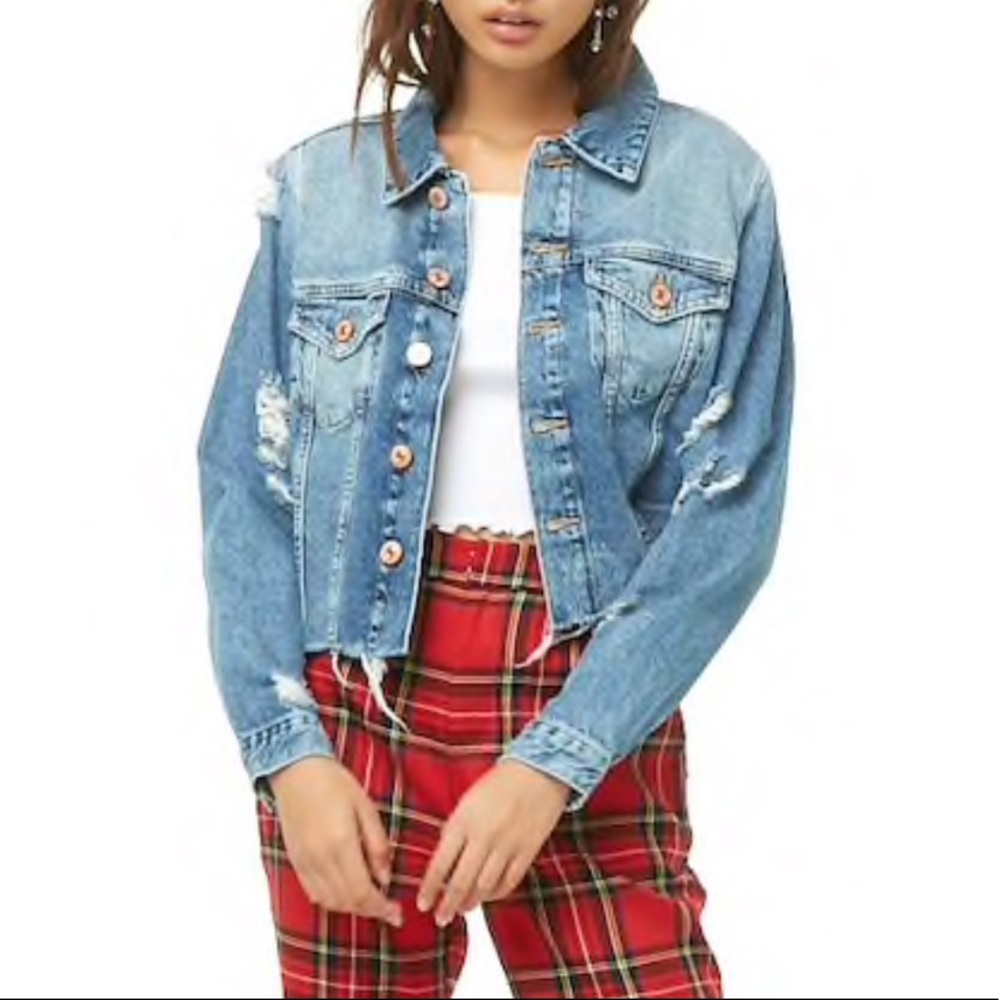 Forever 21 Cropped Distressed Denim Jean Jacket